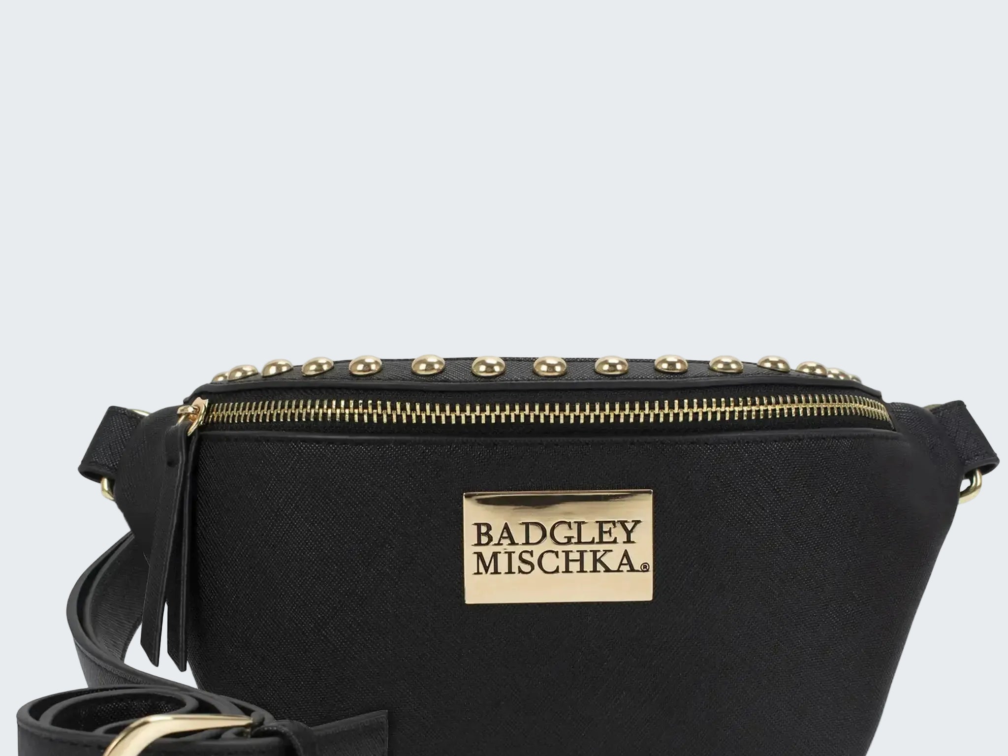 Black waist bag with gold accents and Badgley Mischka logo on a white background