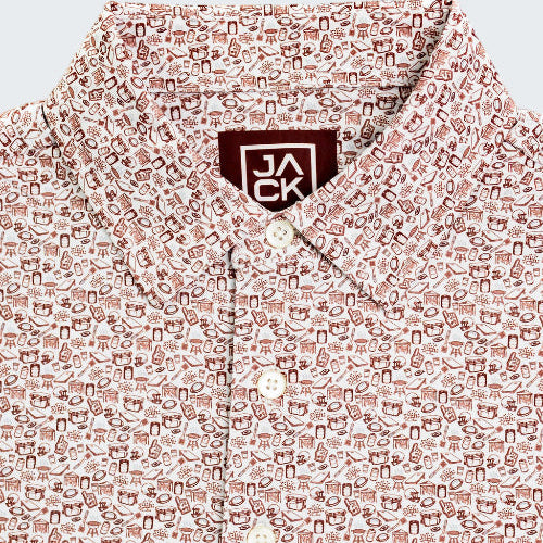Patterned shirt with a brand logo on a white background