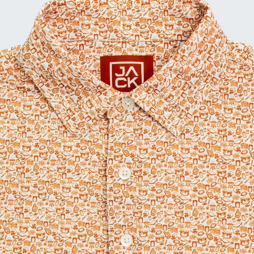 Patterned shirt with a brand logo on a white background