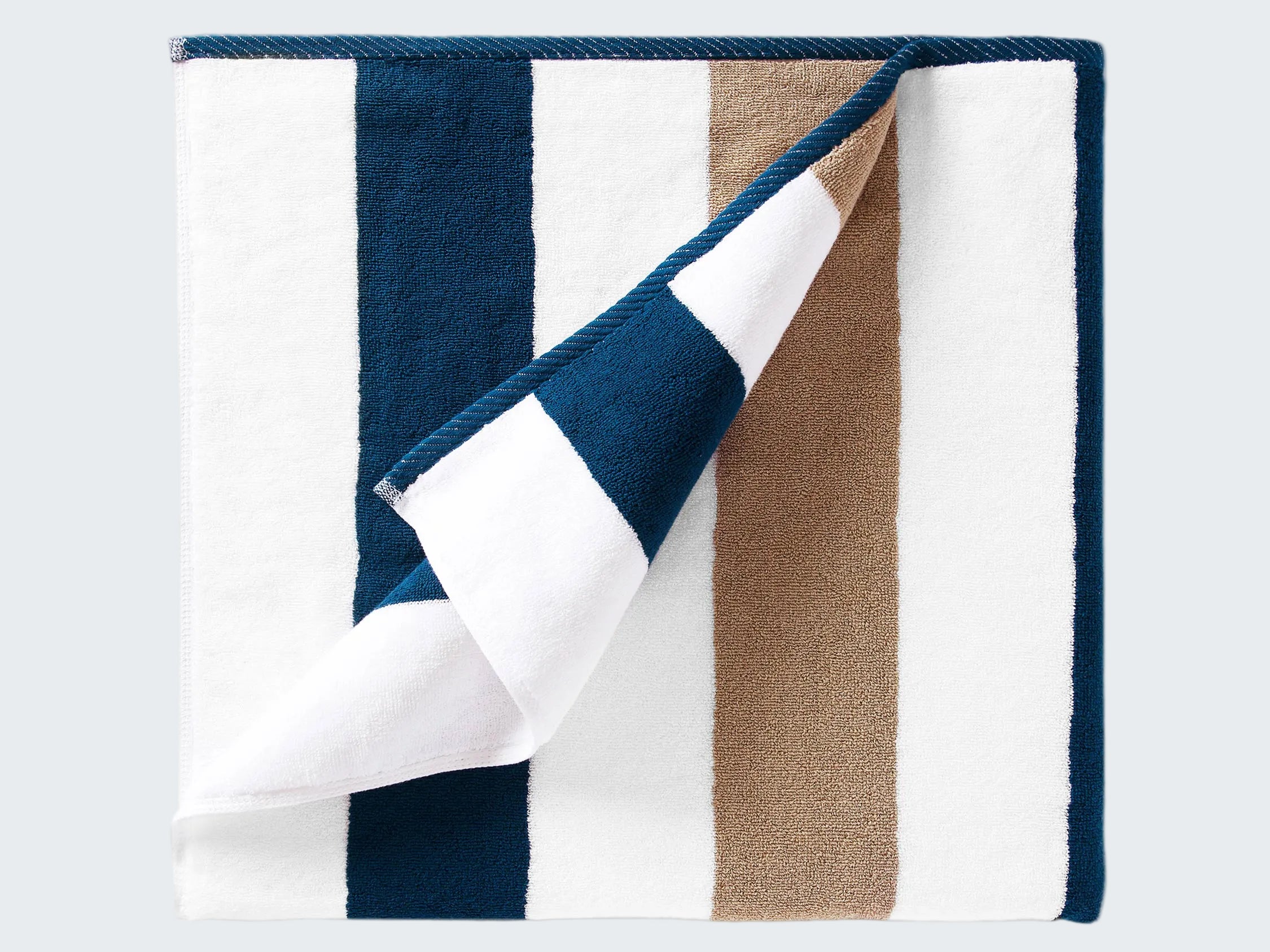 Folded fabric with blue, white, and brown stripes on a white background