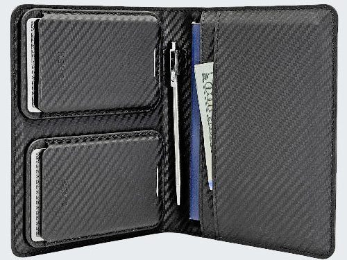 Carbon fiber wallet with card slots and bill holder on a light gray background