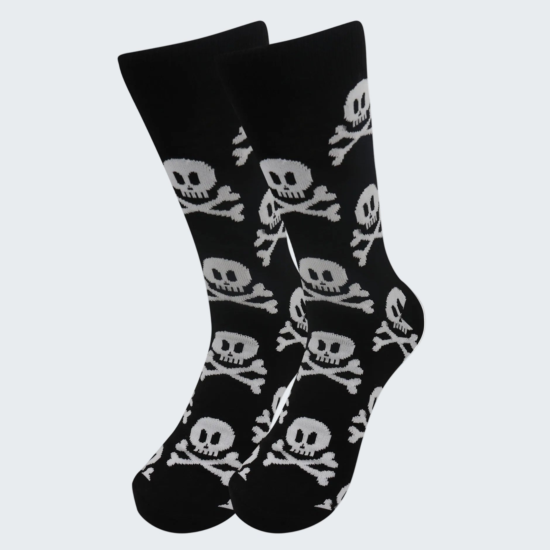Black socks with white skull and crossbones pattern on a white background