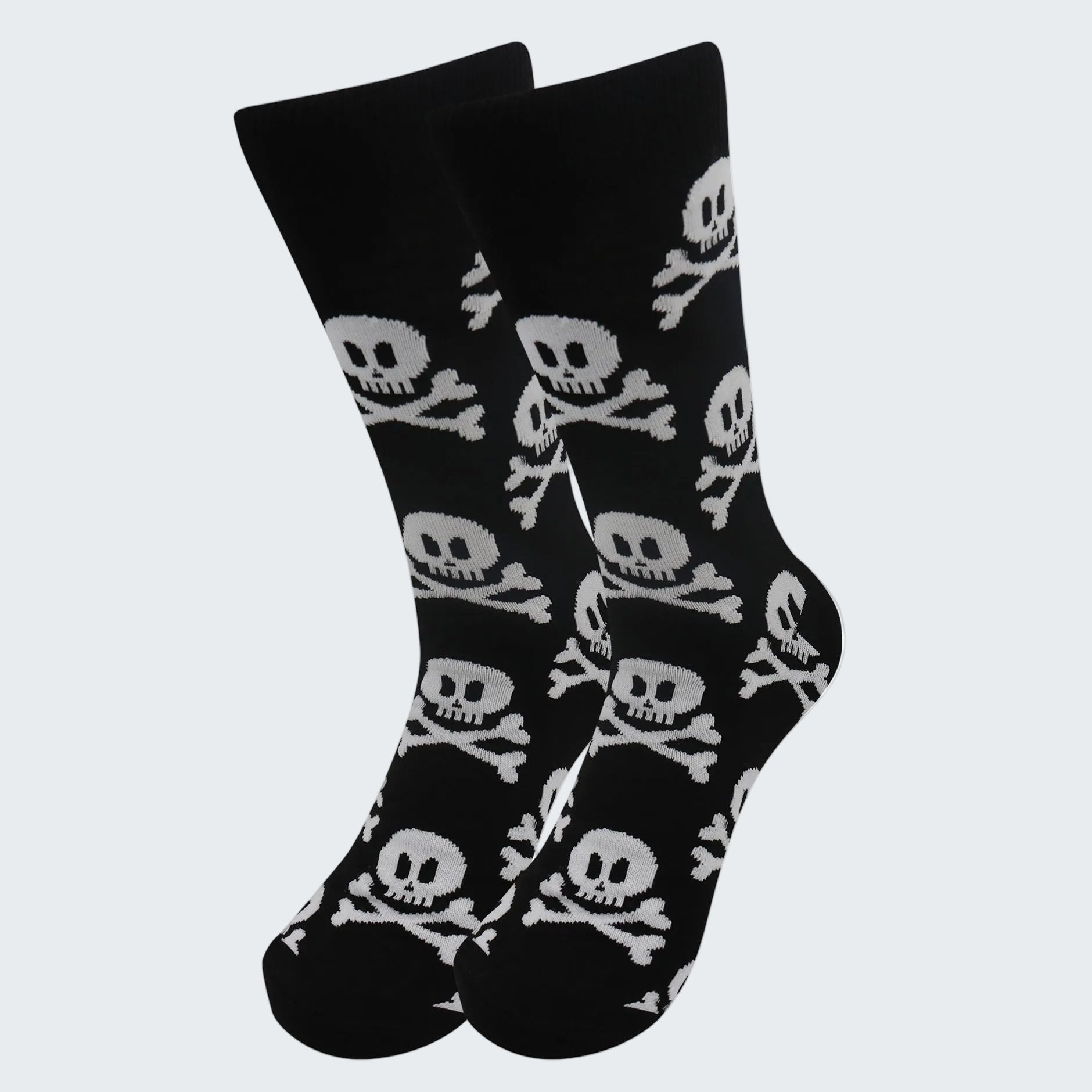 Black socks with white skull and crossbones pattern on a white background