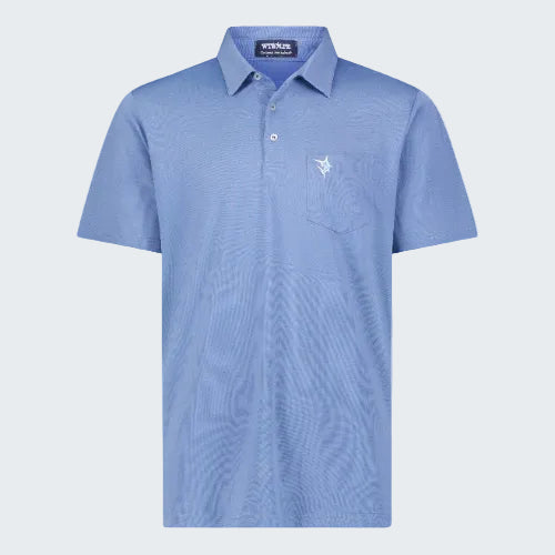Blue polo shirt with a small logo on a white background