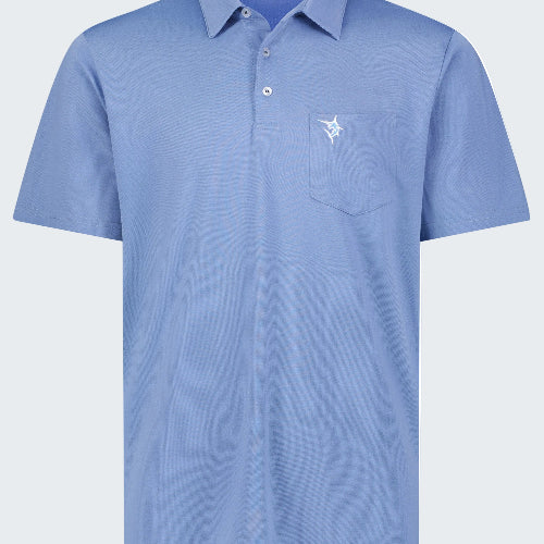 Blue polo shirt with a small logo on a white background