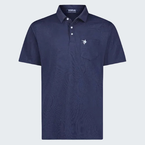 Navy blue polo shirt with a small logo on a white background