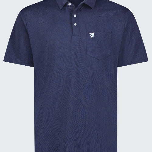 Navy blue polo shirt with a small logo on a white background