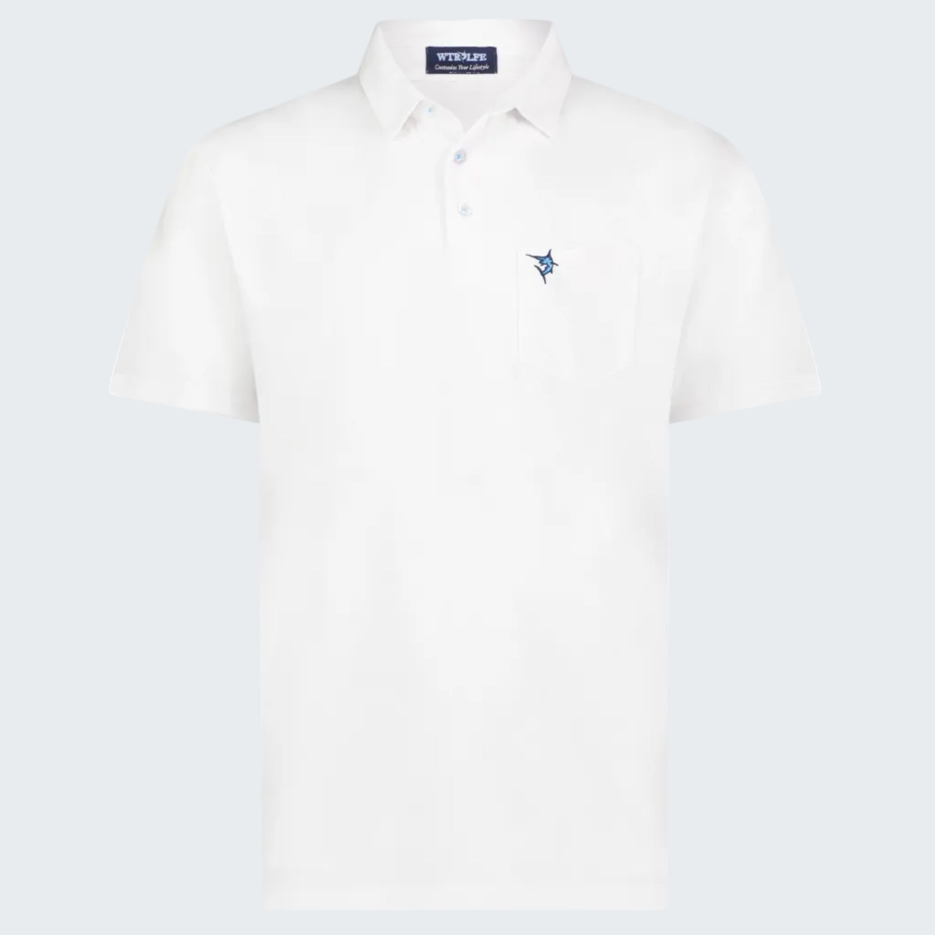 White polo shirt with a small logo on a white background
