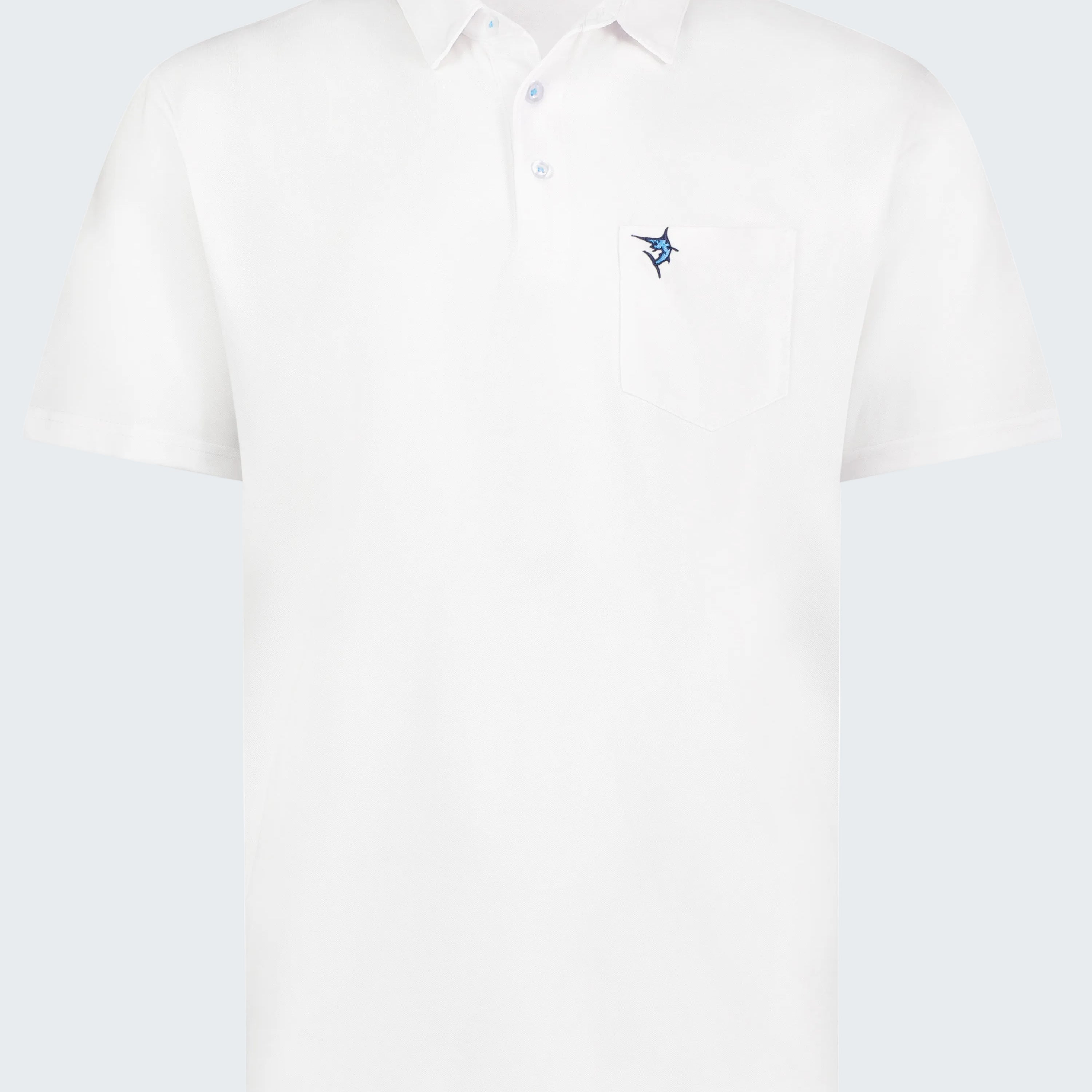 White polo shirt with a small logo on a white background