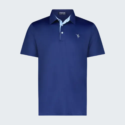 Blue polo shirt with a brand logo on a white background