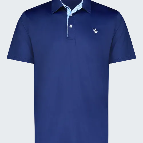 Blue polo shirt with a brand logo on a white background