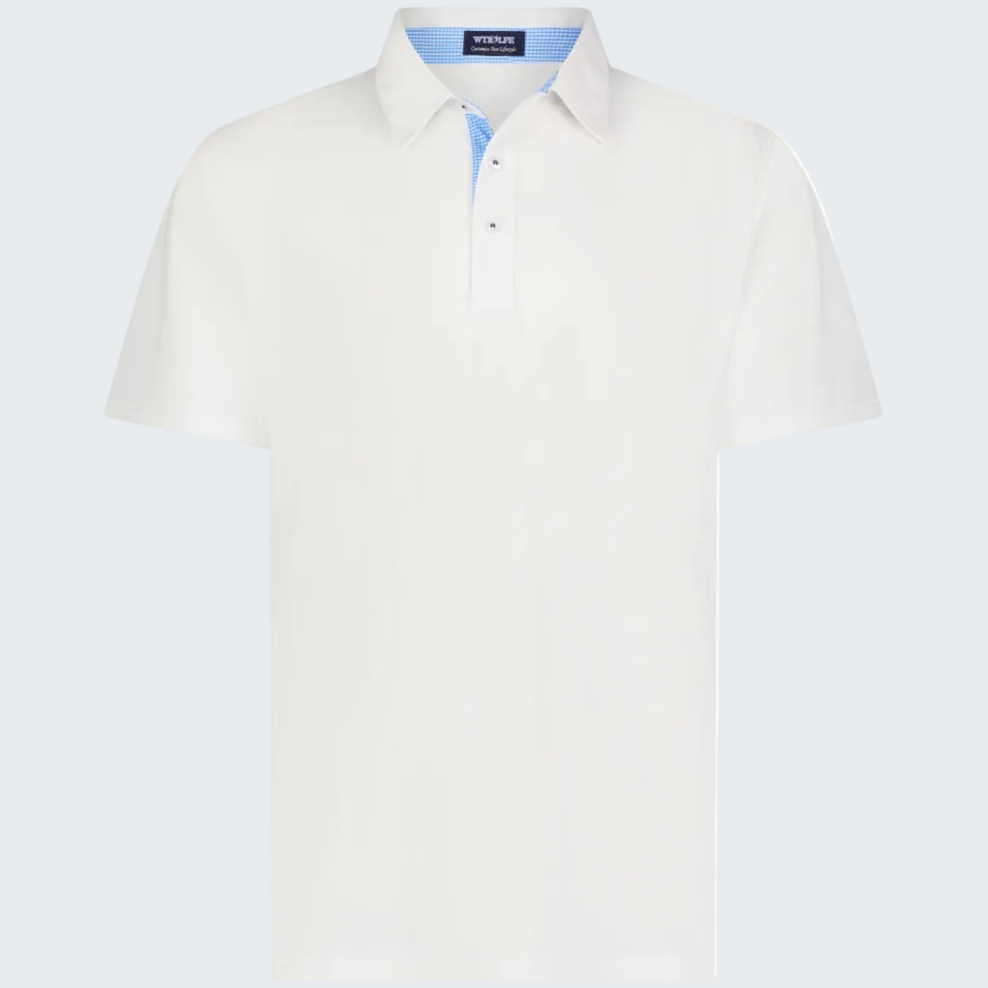White polo shirt with a blue collar on a white background