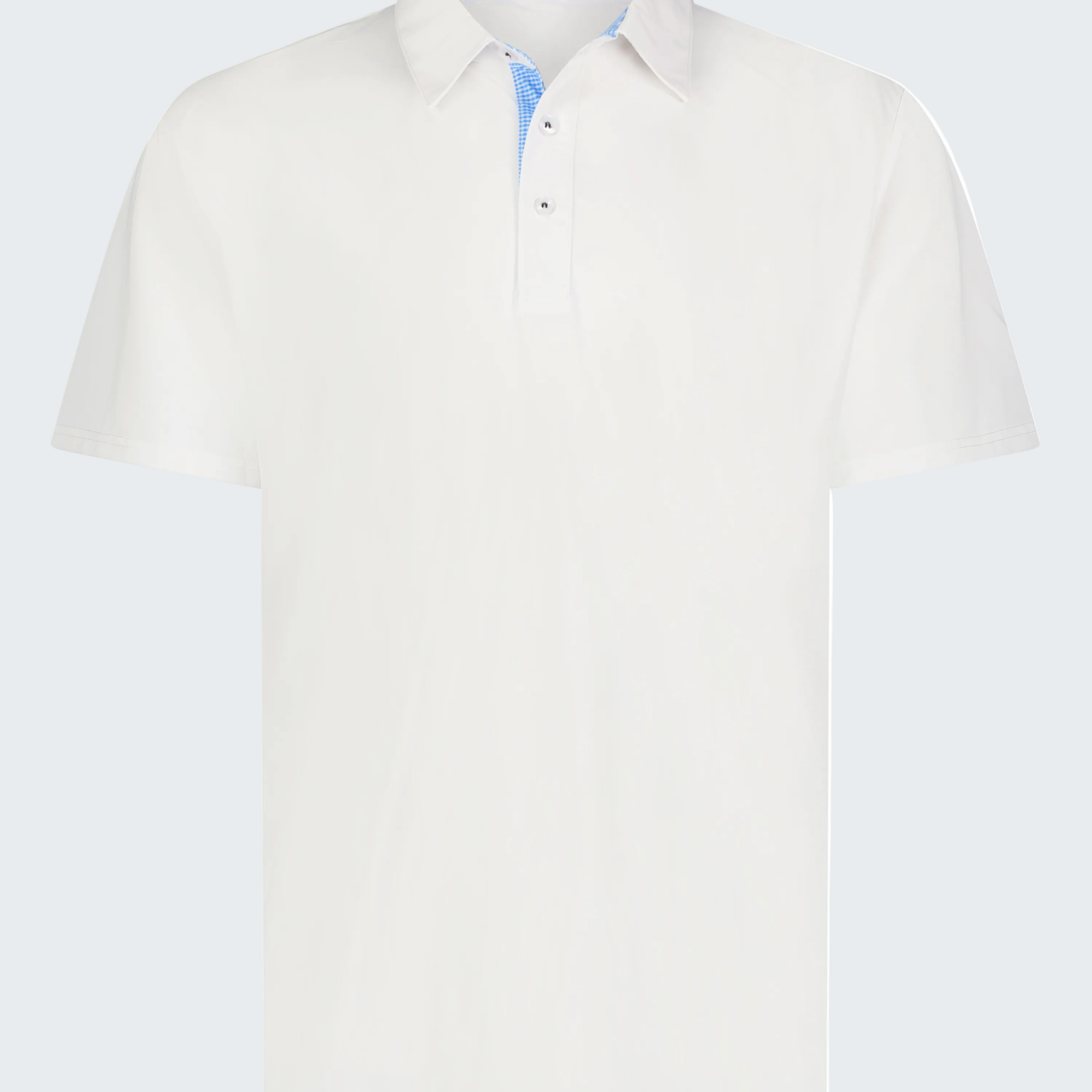 White polo shirt with a blue collar on a white background