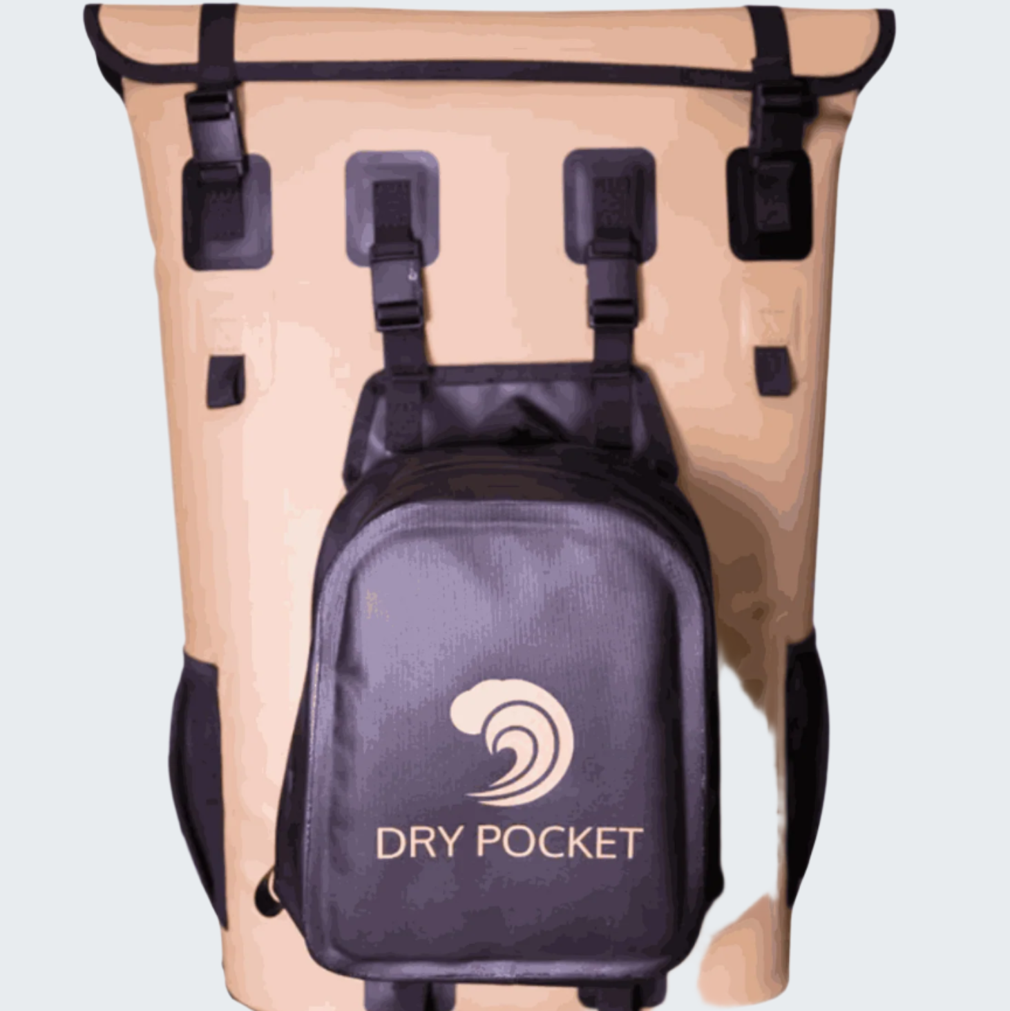 Beige waterproof bag with a black Dry Pocket branded backpack attachment on a white background