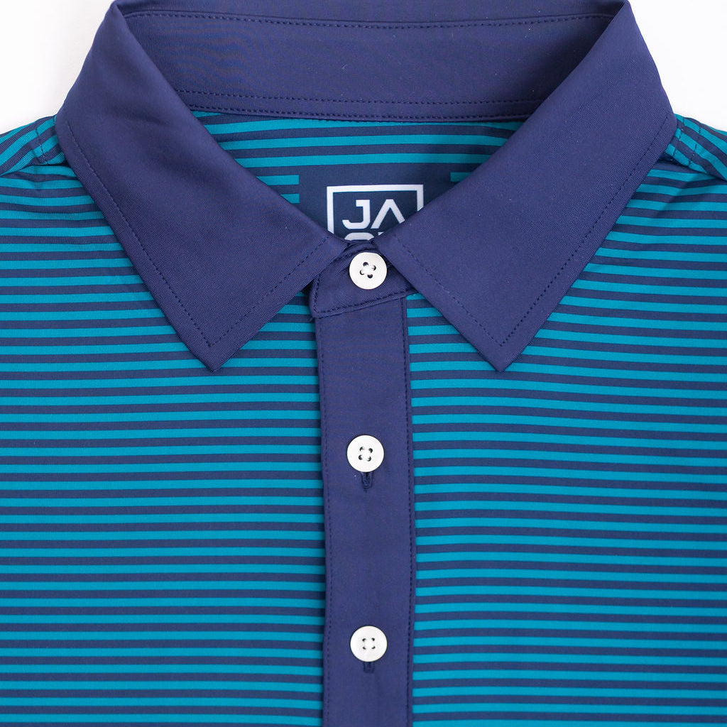 Blue and green striped polo shirt with a collar and buttons on a white background