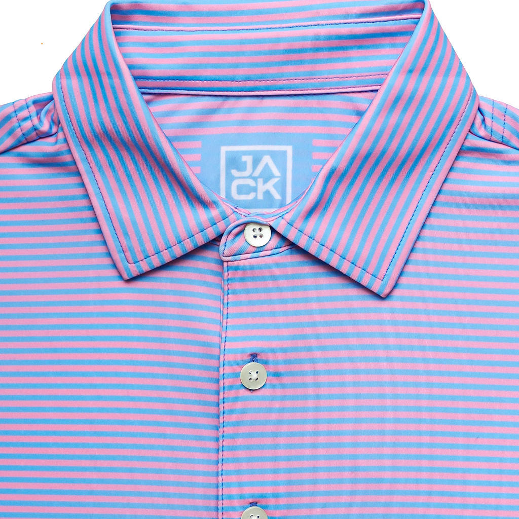 Blue and pink striped polo shirt with a brand logo on a white background