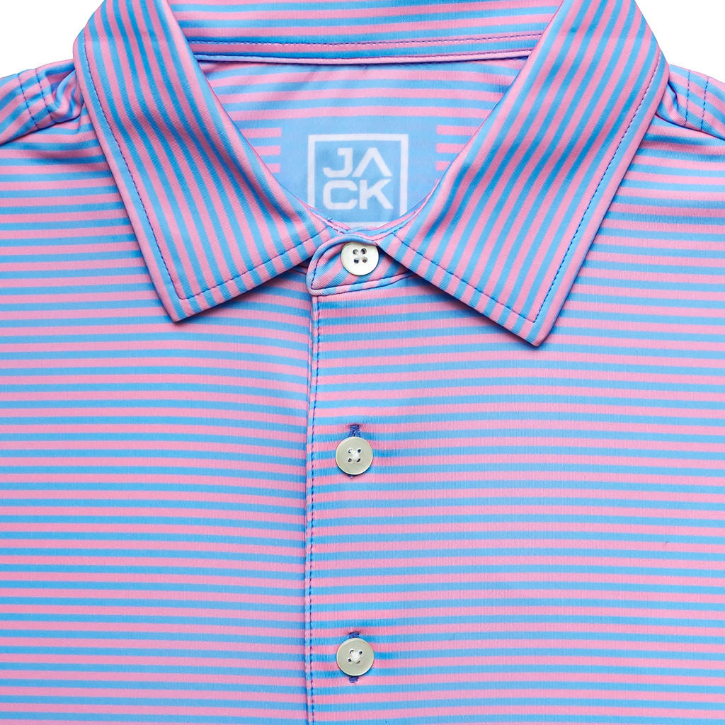 Blue and pink striped polo shirt with a brand logo on a white background