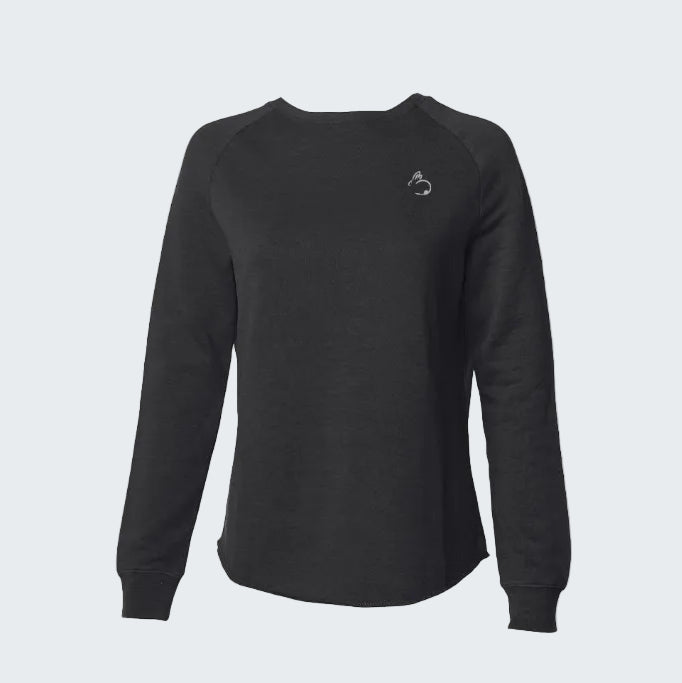 Black long-sleeve shirt with a small logo on a white background