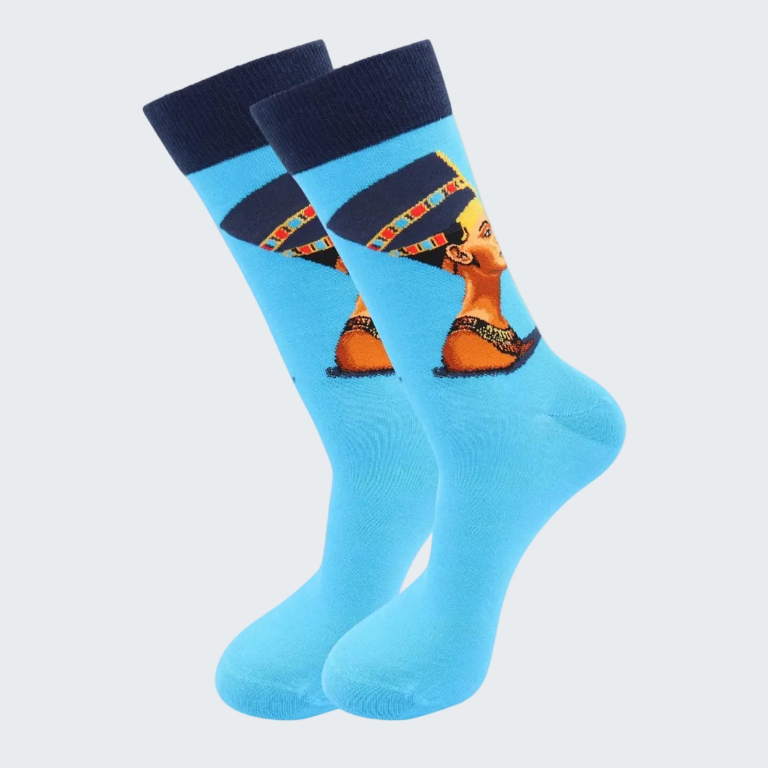 Pair of socks with a design of a woman's face on a blue background