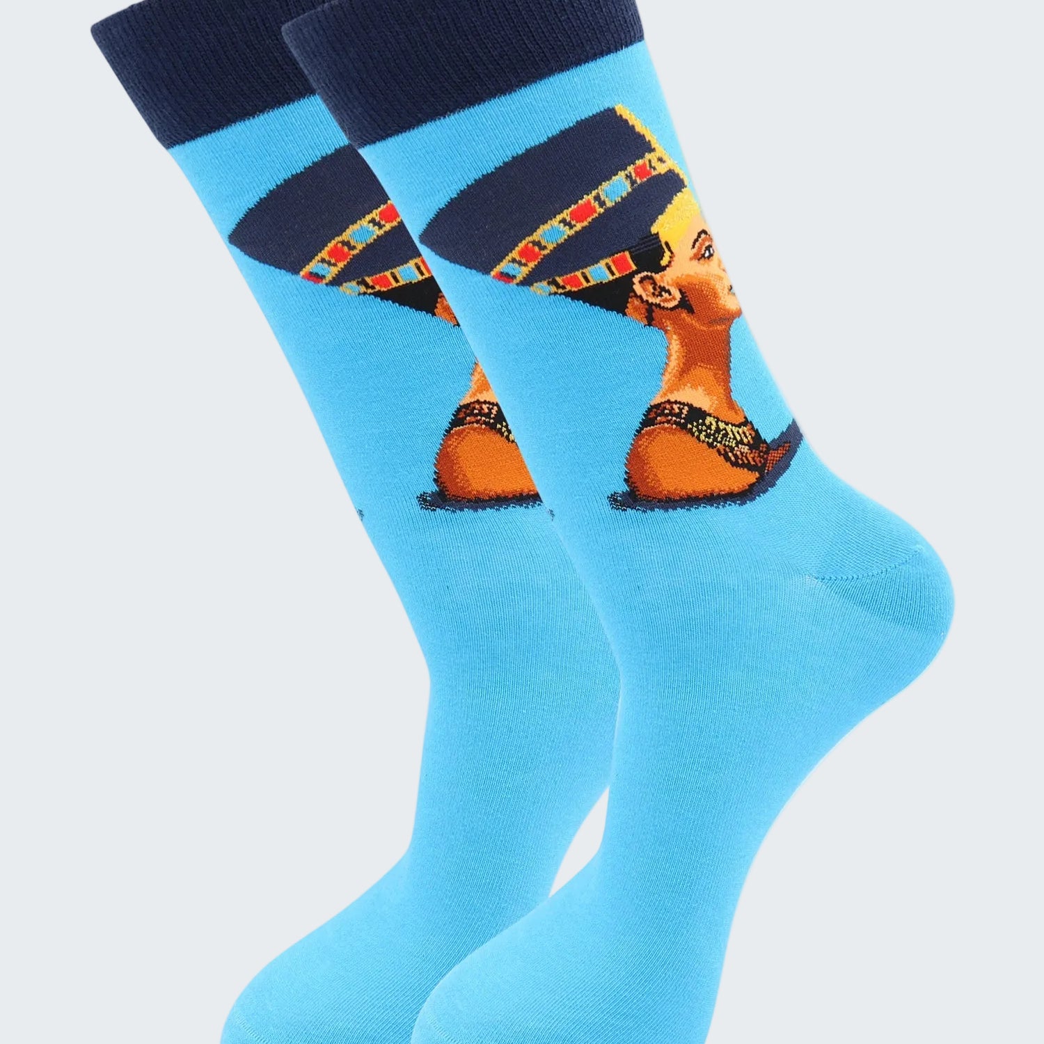 Pair of socks with a design of a woman's face on a blue background