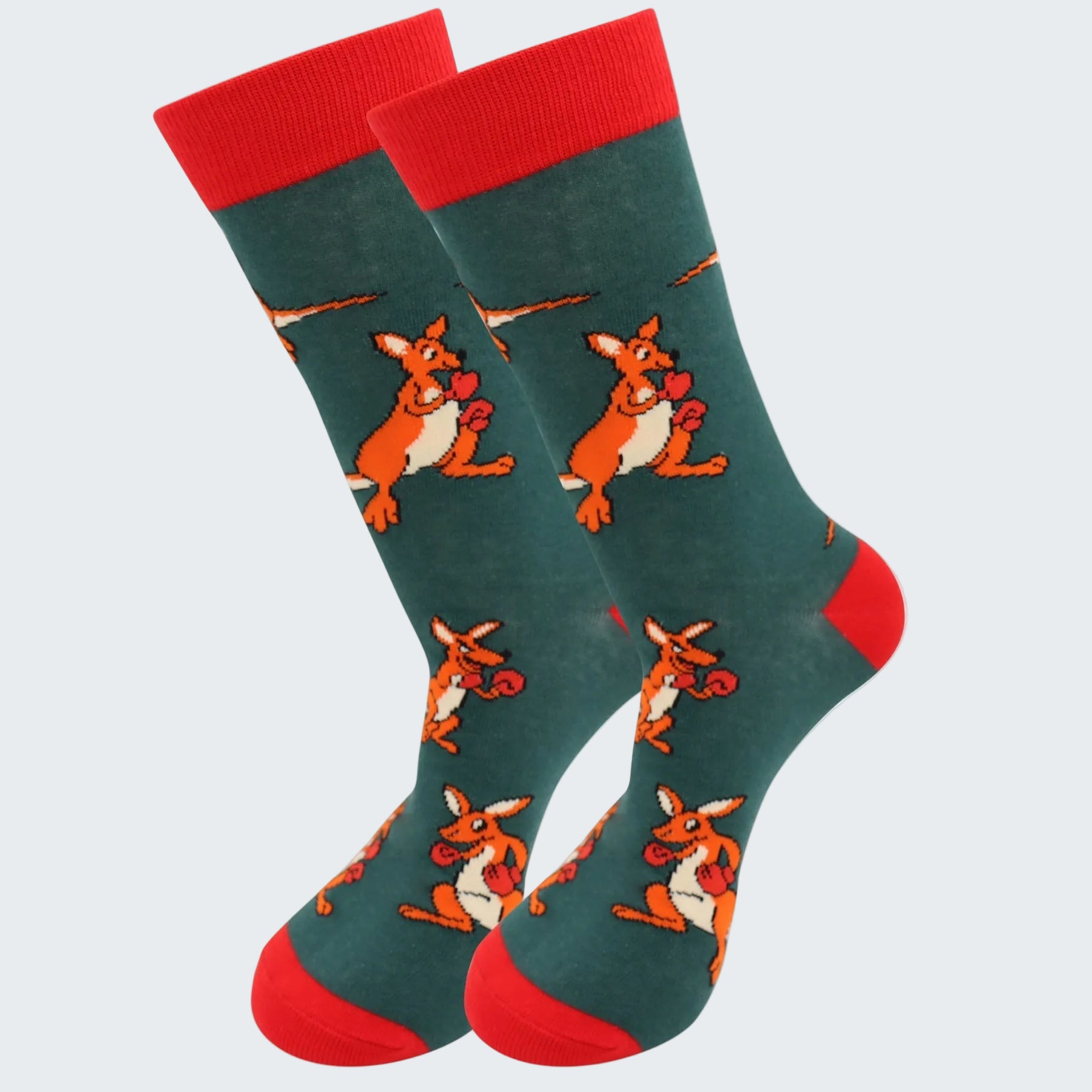 Pair of socks with kangaroo design on a white background