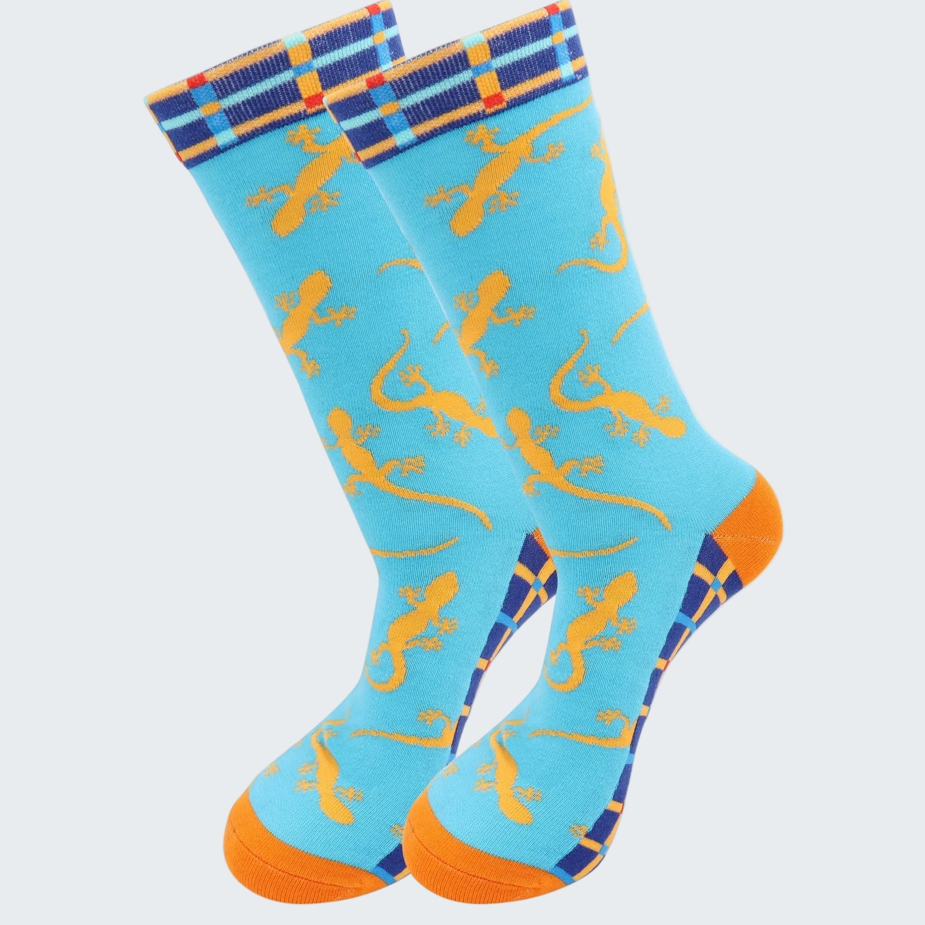 Blue socks with yellow lizard pattern and orange toes on a white background