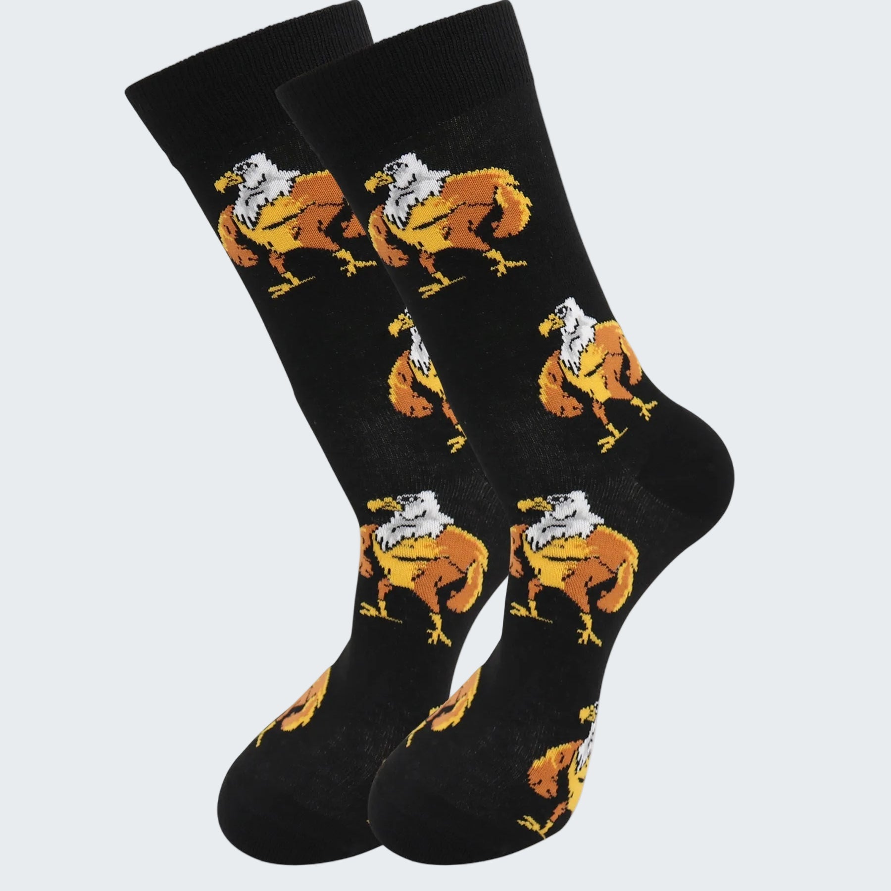Black socks with eagle design on a white background