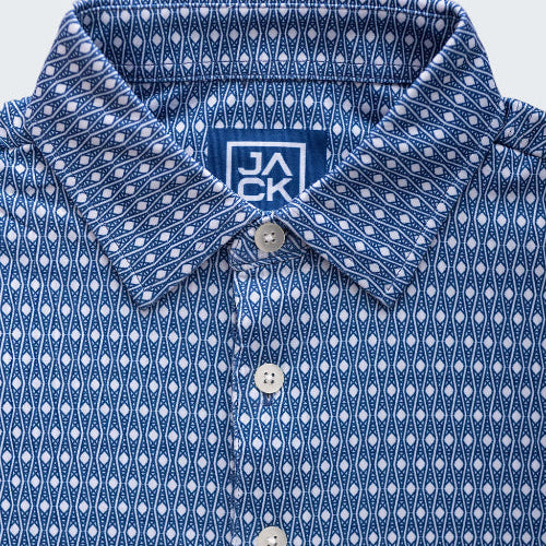 Blue patterned shirt with a brand logo on a white background