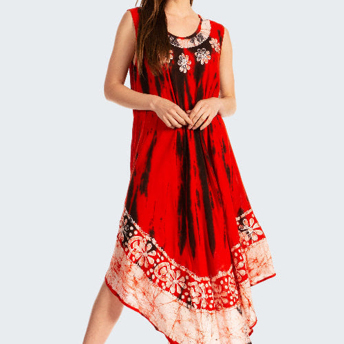 Red and black patterned dress worn by a model on a white background