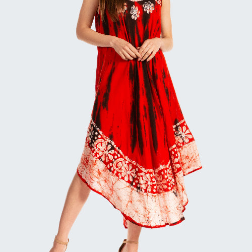 Red and black patterned dress worn by a model on a white background