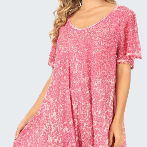 Pink floral dress worn by a model on a white background