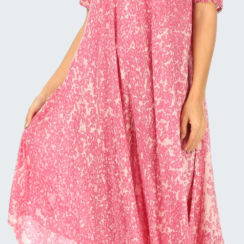 Pink floral dress worn by a model on a white background