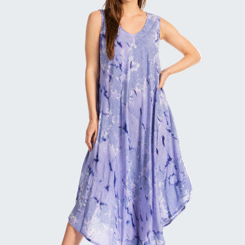 Woman wearing a sleeveless, light blue dress with a floral pattern on a white background