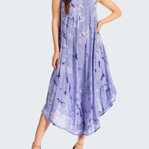 Woman wearing a sleeveless, light blue dress with a floral pattern on a white background