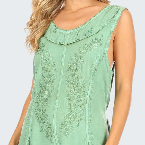 Green sleeveless dress with floral pattern on a white background