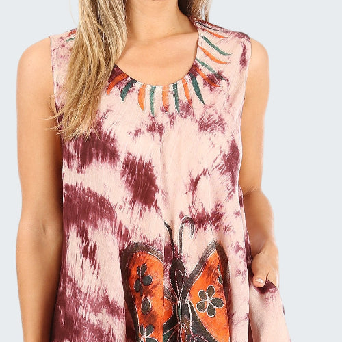 Tie-dye dress with butterfly design on a white background
