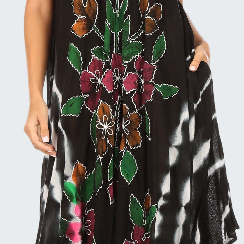 Black dress with floral embroidery on a white background