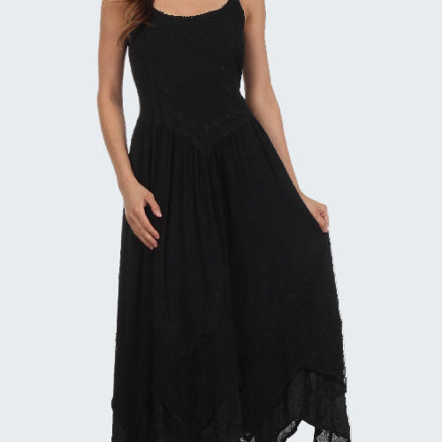 Black dress with an asymmetrical hem on a white background
