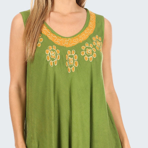 Green dress with yellow floral patterns on a white background