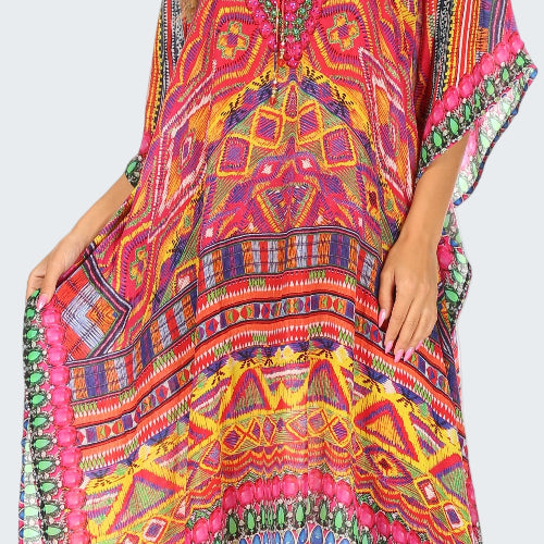 Colorful patterned dress with a white background