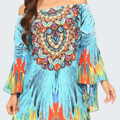 Colorful off-shoulder dress with intricate patterns on a white background