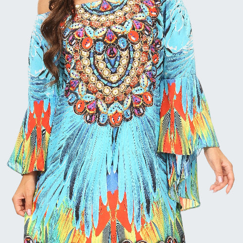 Colorful off-shoulder dress with intricate patterns on a white background