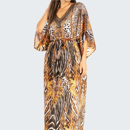 Long dress with animal print pattern on a white background