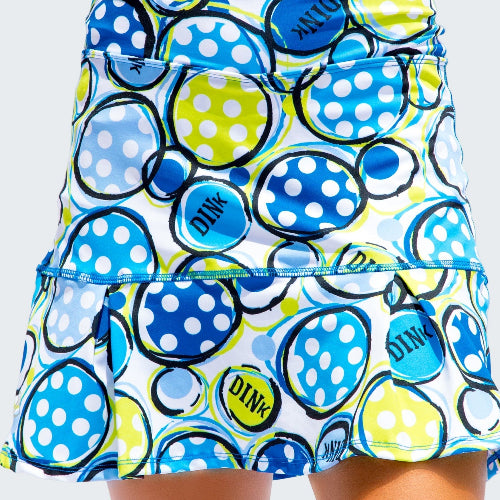 Colorful polka dot skirt with 'Dink' text on a white background