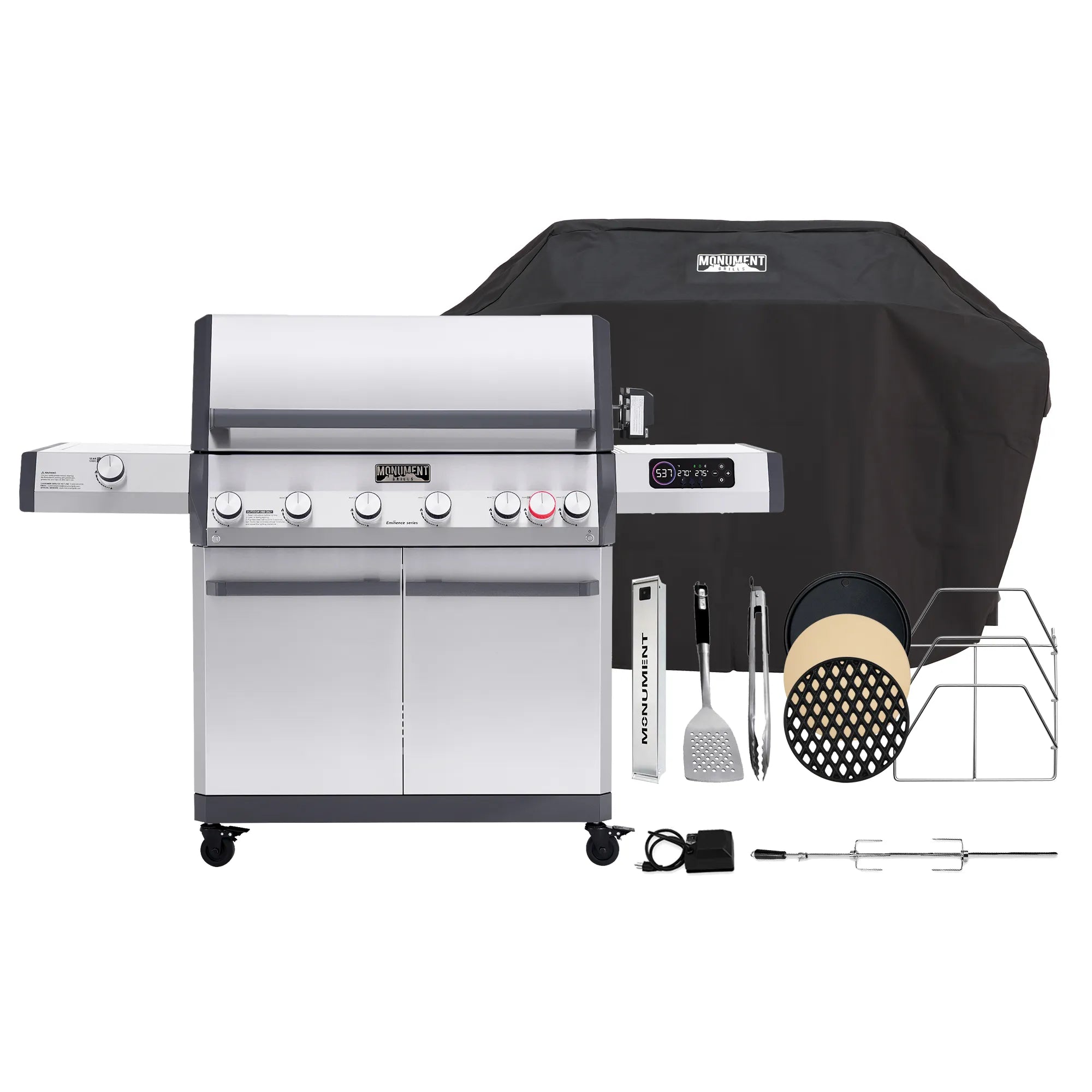 A stainless steel gas grill with a side burner, shown with a black grill cover and included accessories on a white background. The accessories include a digital thermometer, spatula, lid lifter tool, lid rack, and skewer.