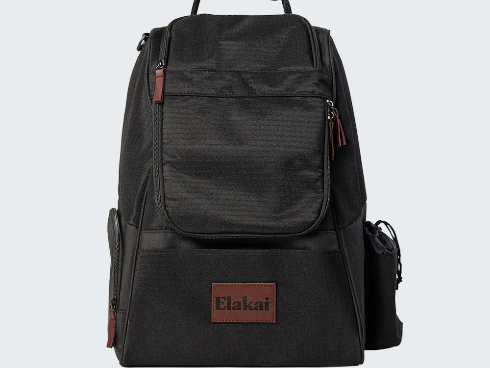 Black backpack with a visible Elakai logo on a white background