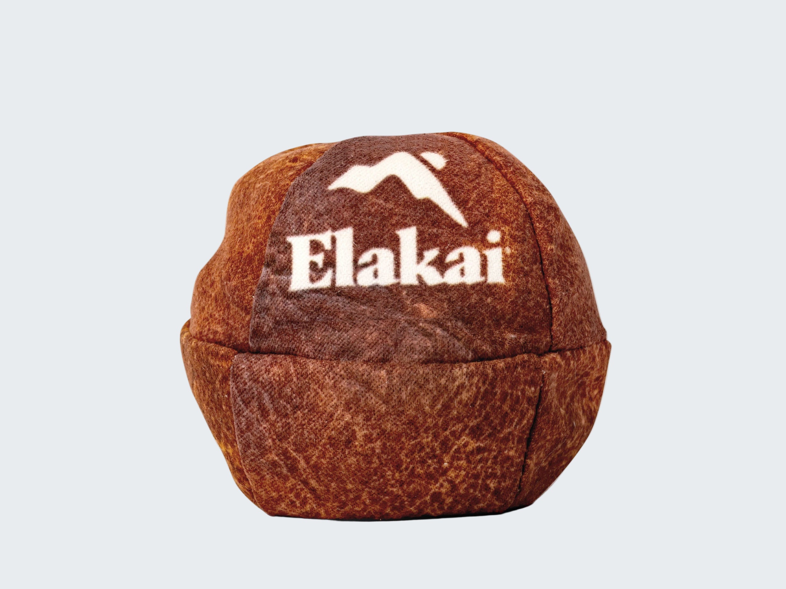 Brown textured ball with 'Elakai' logo on a white background