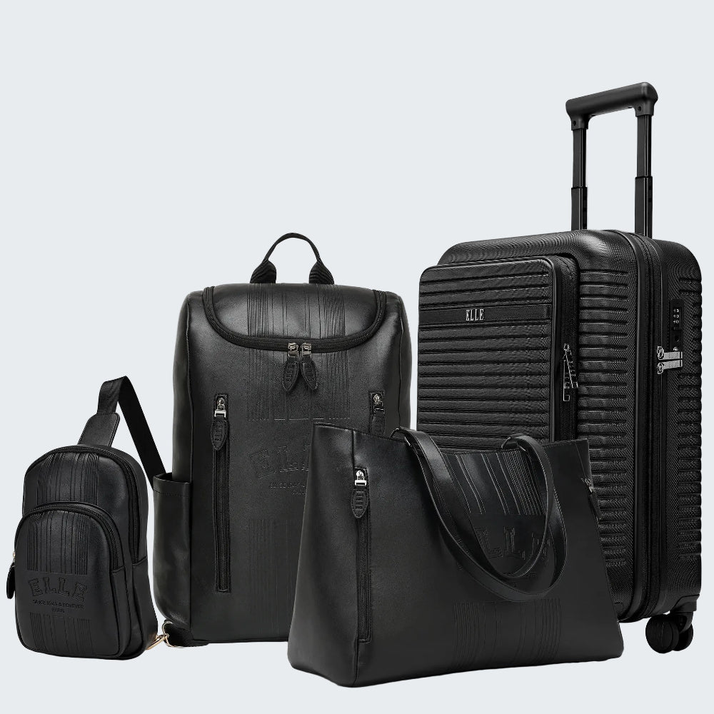 Set of black travel bags including a suitcase, backpack, and handbag on a white background