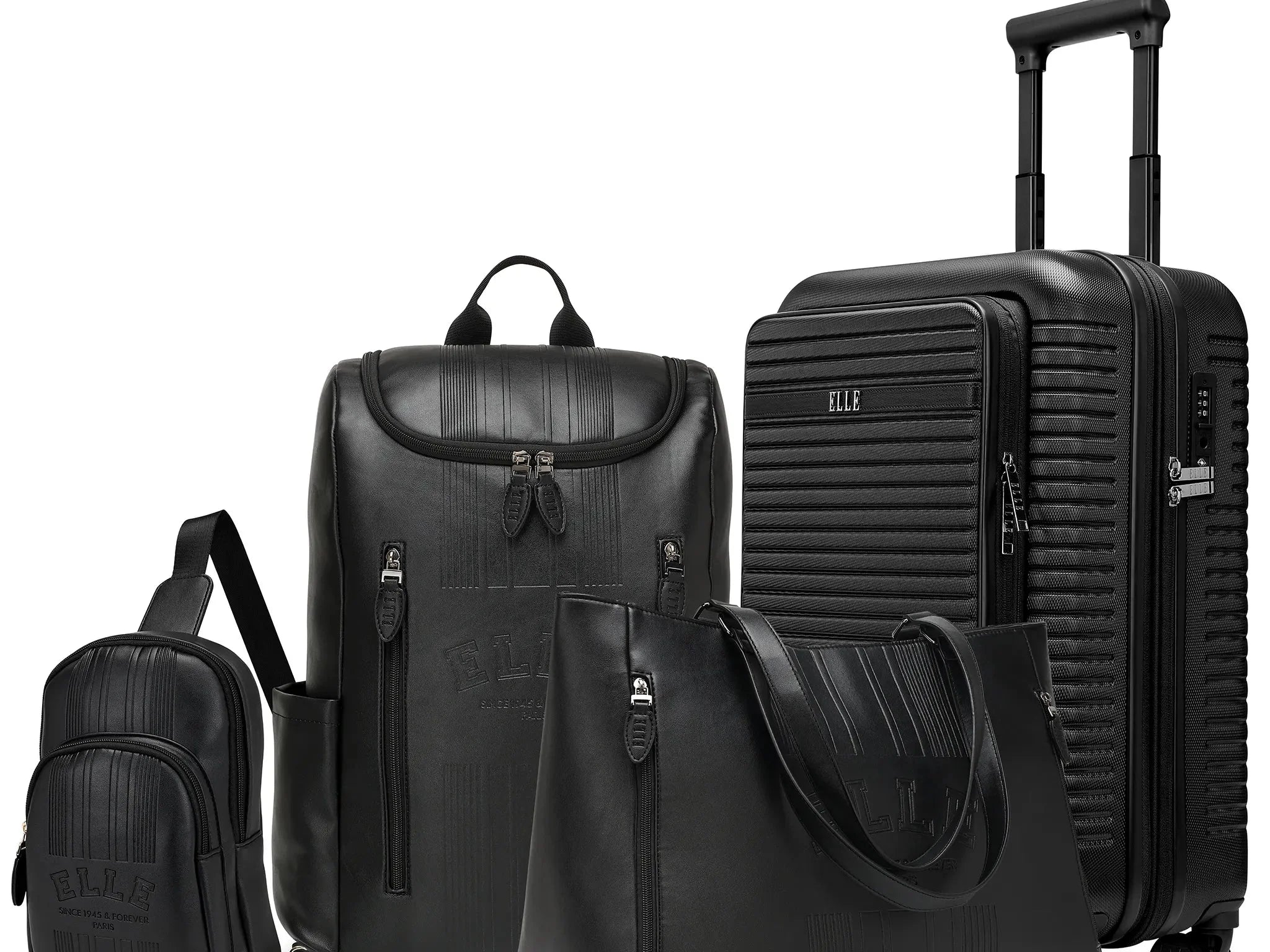 Set of black travel bags including a suitcase, backpack, and handbag on a white background
