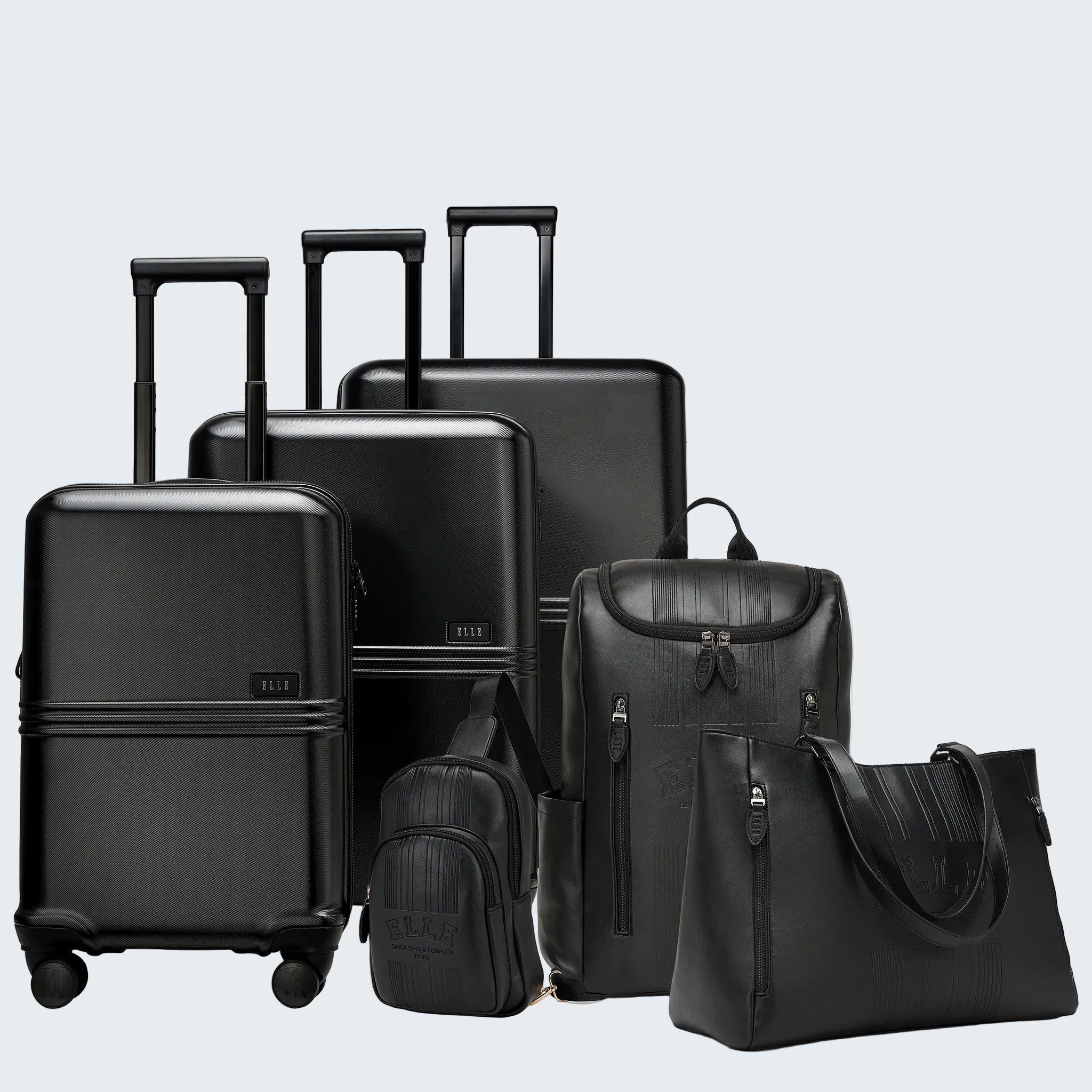 Set of black suitcases and bags on a white background